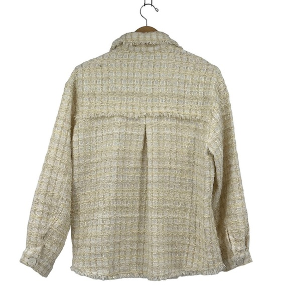 Lulu's Take Notes Ivory Plaid Tweed Shacket Fringe Trim Boucle Size Medium - Picture 7 of 9